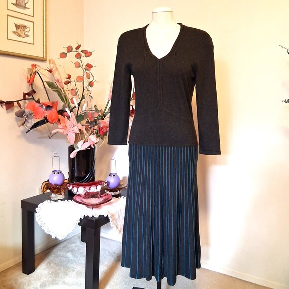 NWOT Orly Maxi V neck Long Sleeve Gray Teal Dress Cardigan Fall Winter Dresses - Picture 2 of 9